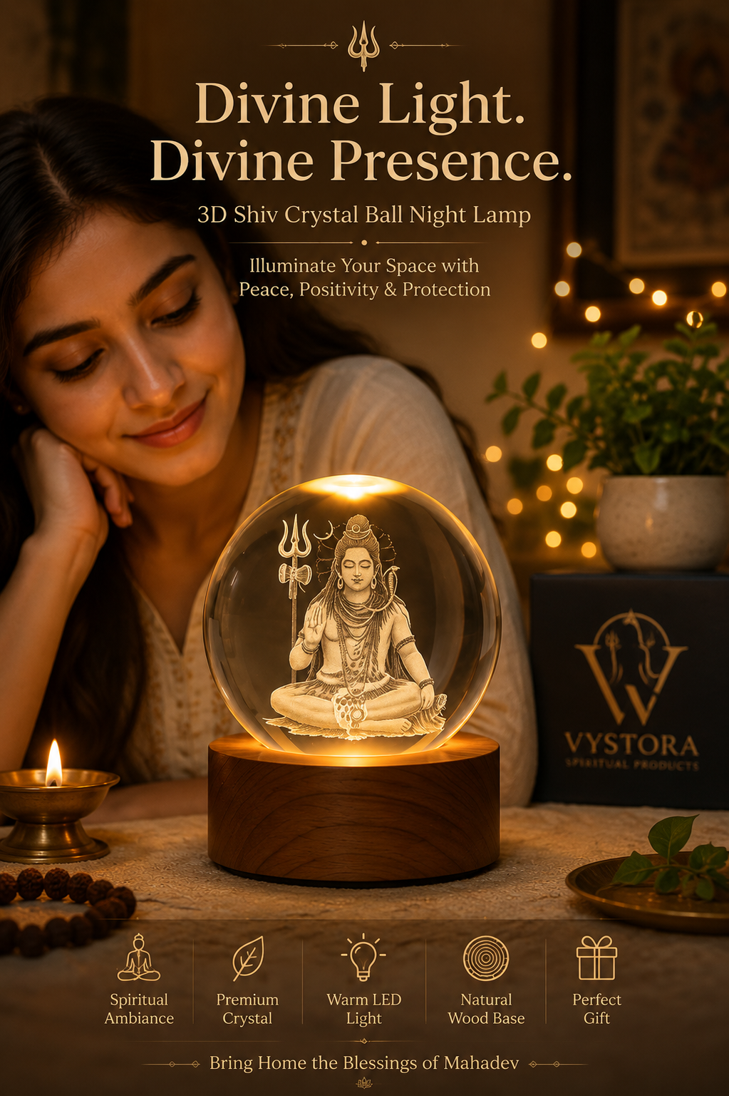 🕉️ 3D Shiv Crystal Ball Night Lamp with LED Wooden Base